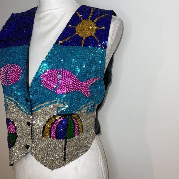 Serious Fun Sequin Vest Womens Size Small S Vintage Cotton Back Tie Front Snaps - Picture 4 of 11